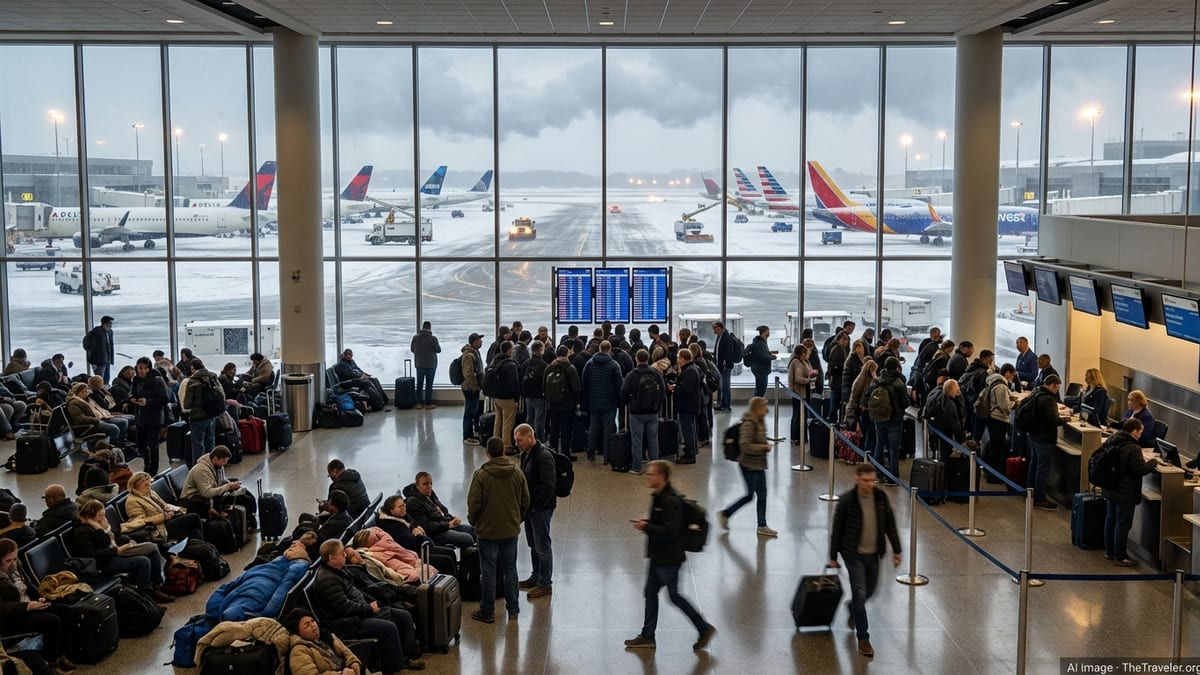 Crowded U.S. airport terminal with stranded passengers as snowed-in jets sit at the gates.