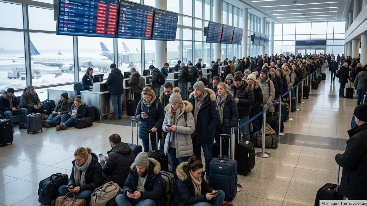 Crowded airport terminal with stranded winter travelers and canceled flights on display boards.