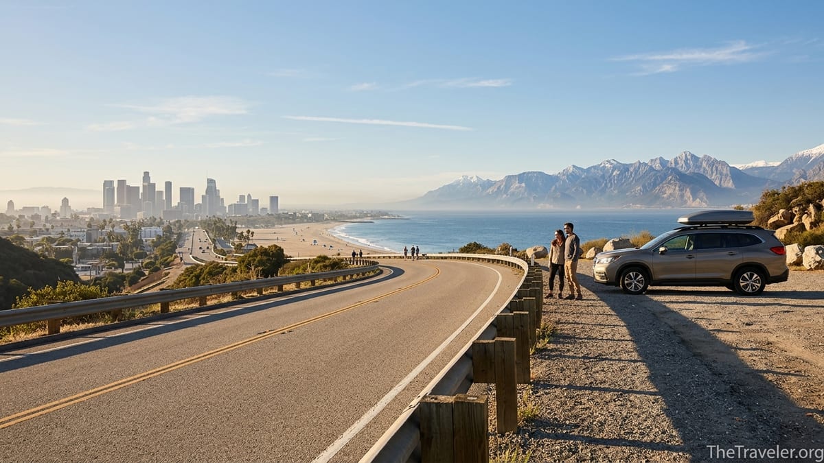 Scenic American highway overlooking mountains, beach and city skyline at golden hour.