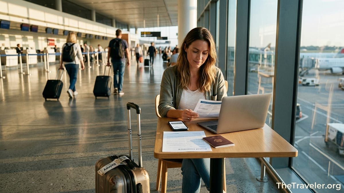 Traveller at airport reviewing travel insurance documents beside luggage.