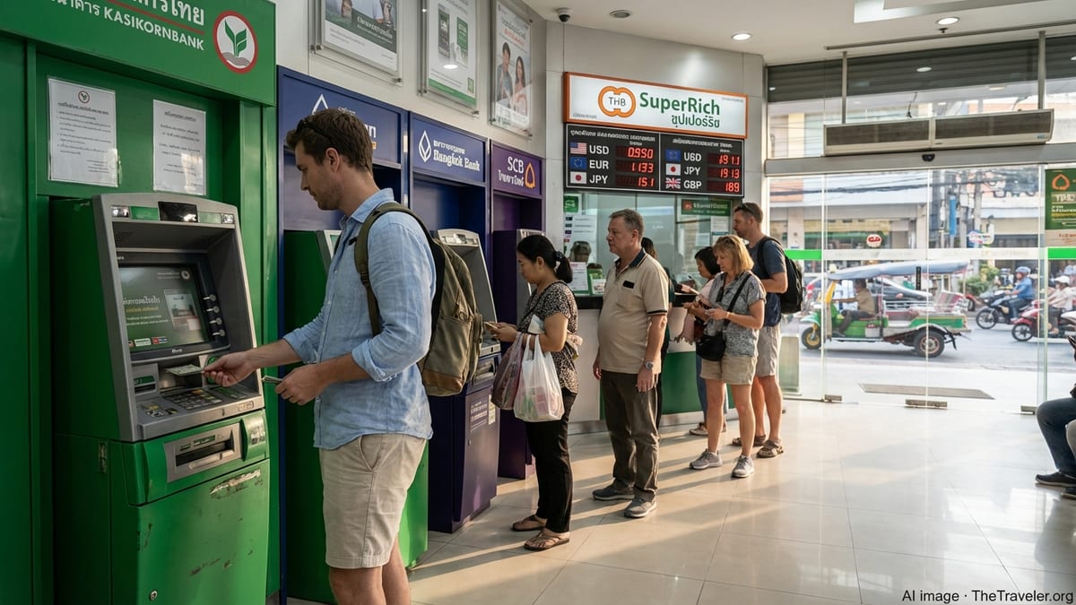 Traveler using an ATM beside a currency exchange counter in Bangkok, Thailand