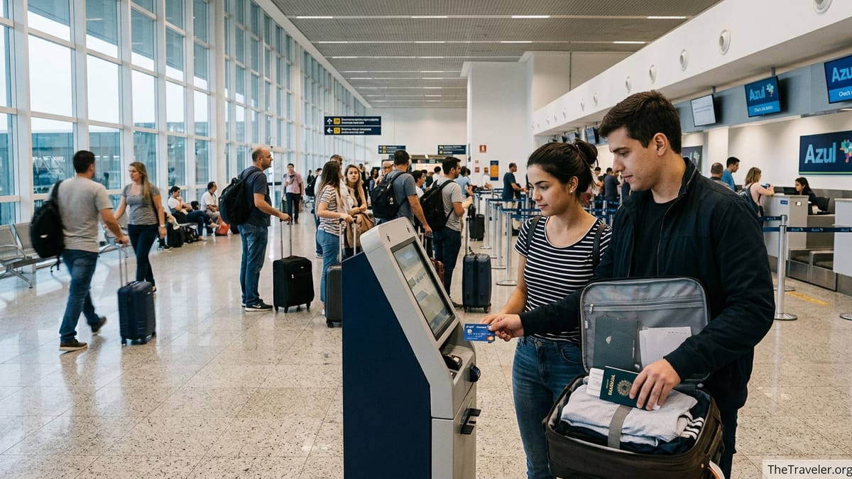 Travelers paying at an airport kiosk with an Azul Itaucard near Azul check in counters.
