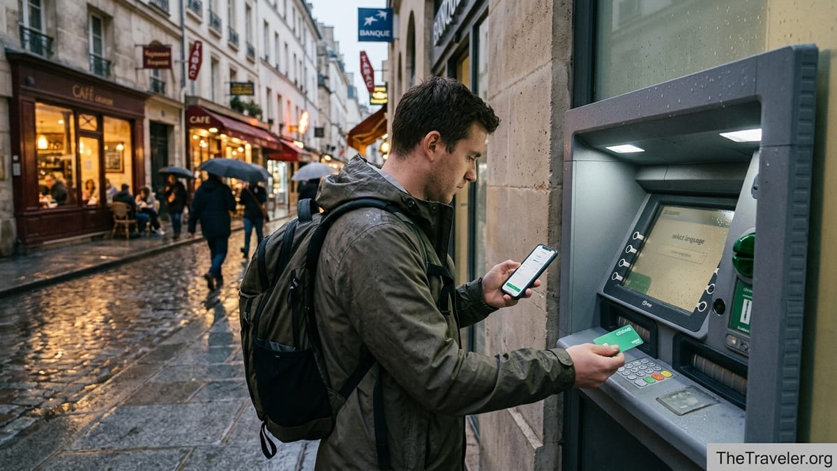 Traveler checking a banking app while withdrawing cash at an ATM on a rainy European street.
