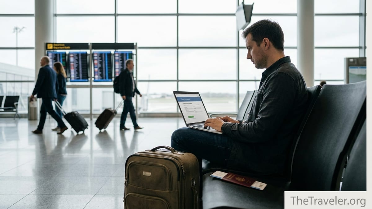 Traveler checking travel insurance on a laptop in a bright airport terminal