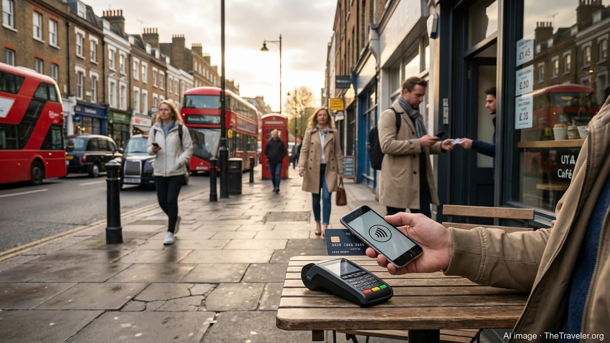 Tourist paying contactlessly with a credit card at a London street café.