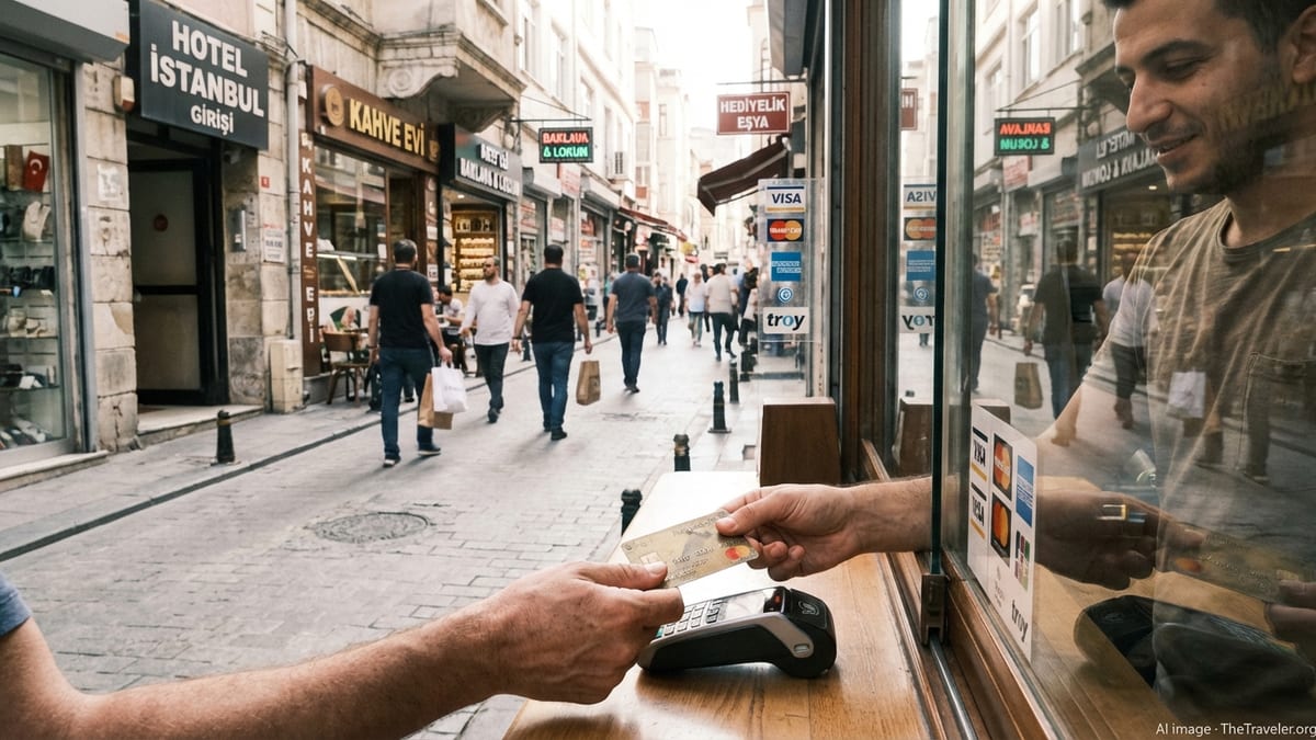 Traveler paying with a foreign credit card at a cafe in central Istanbul.