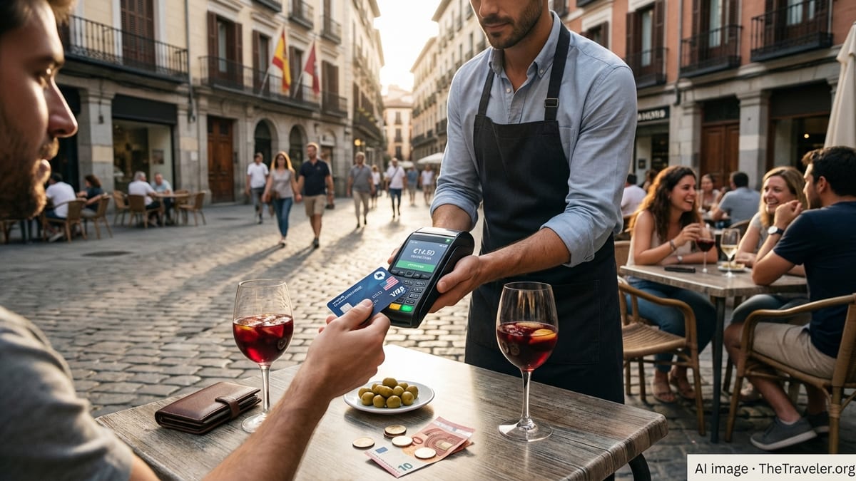 Traveler paying by contactless card at a Madrid outdoor cafe with euros on the table.