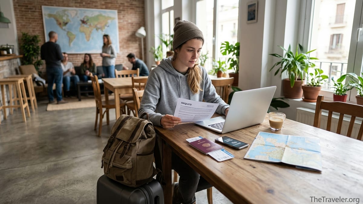 Traveler reviewing travel insurance documents and calling assistance in a bright hostel common room.