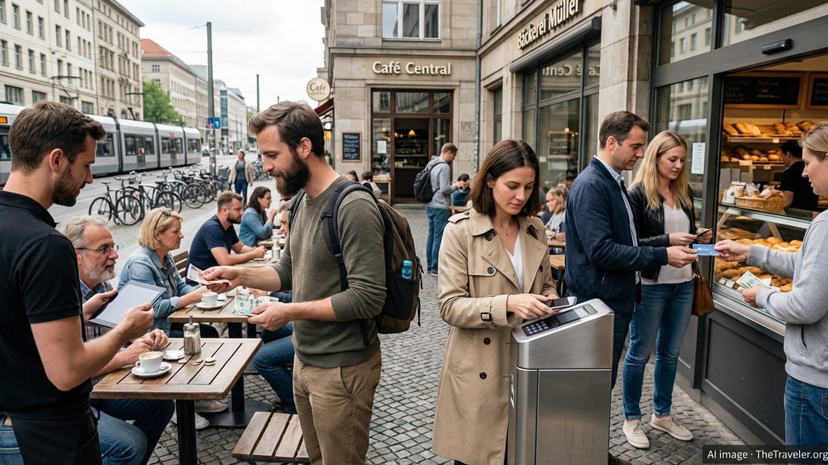 People in Berlin paying with cash, cards and phones at a café and bakery.