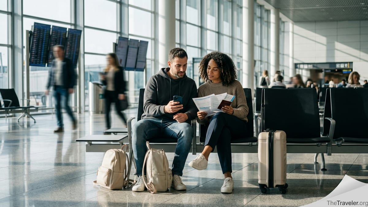 Travelers at an airport gate checking travel insurance on a phone before departure
