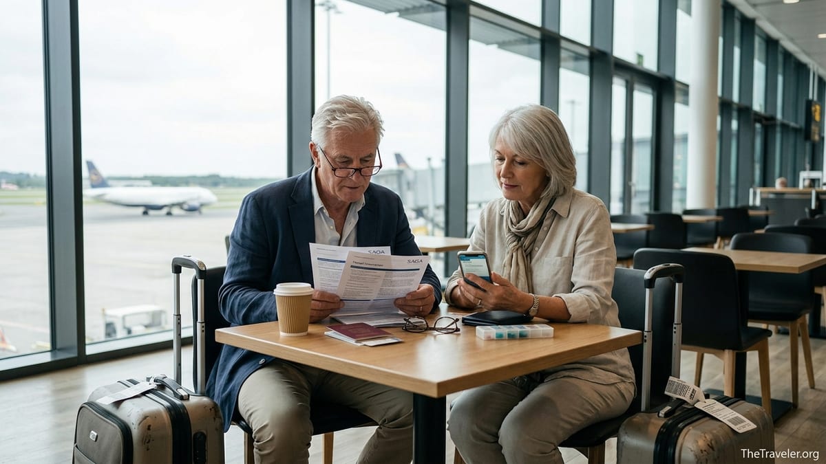 Older couple at an airport reviewing Saga travel insurance documents before a trip.