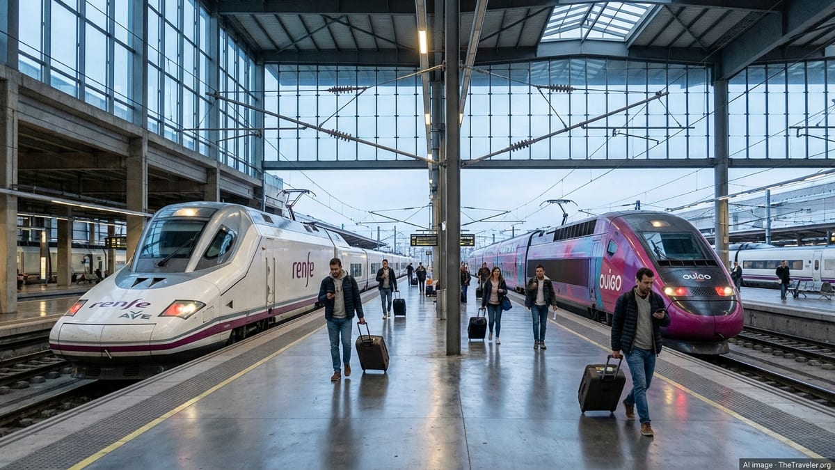 Travelers boarding AVE and Ouigo high-speed trains at Madrid Atocha station at dawn.