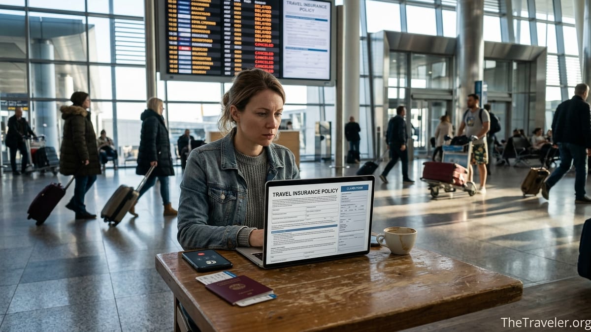 Traveler in airport reviewing insurance documents on laptop during flight delays.