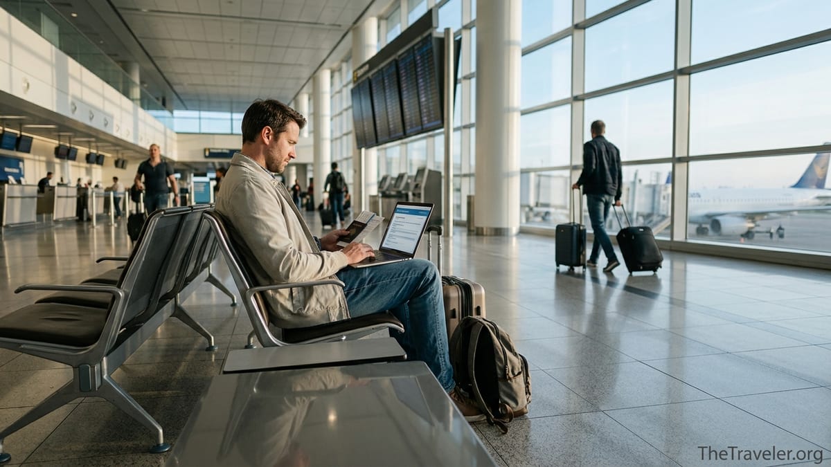 Traveler in an airport reviewing travel insurance documents on a laptop before departure.