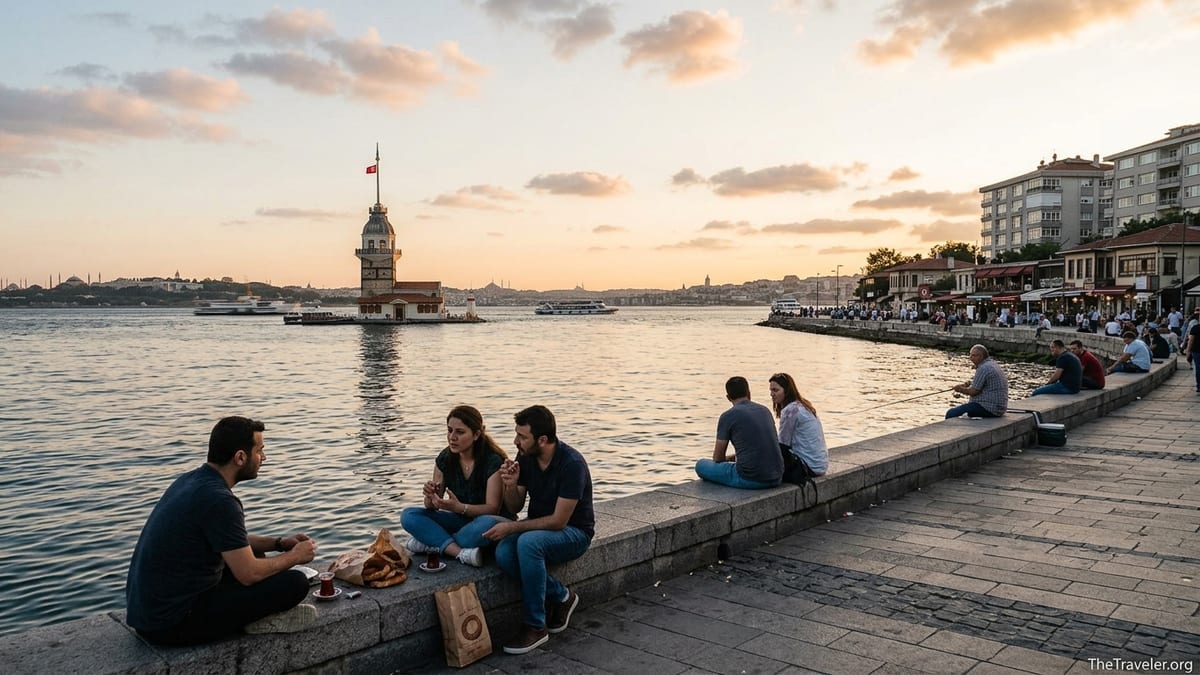 Salacak waterfront in Üsküdar at sunset with Maiden’s Tower and locals sitting along the Bosphorus promenade.