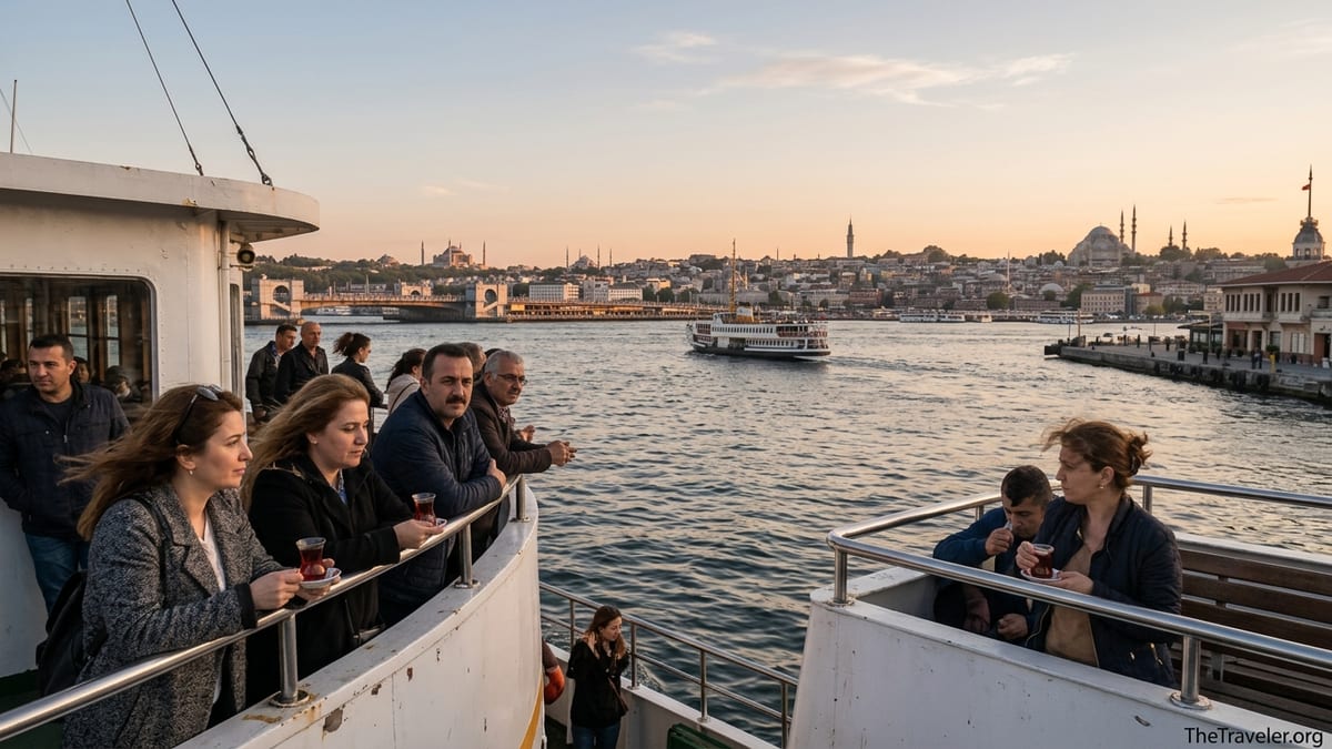 Passengers on a ferry leaving Üsküdar at sunset with Istanbul’s historic skyline in the background.