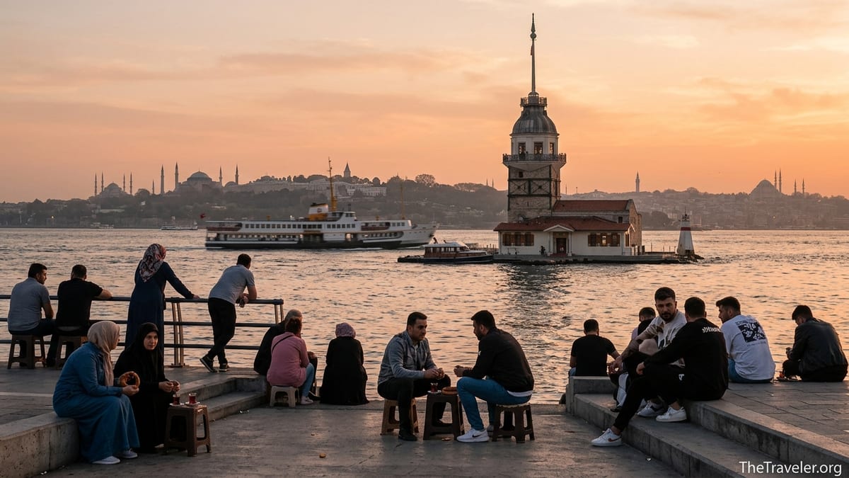 Sunset view of Maiden’s Tower and Üsküdar waterfront with people sitting along the Bosphorus promenade.