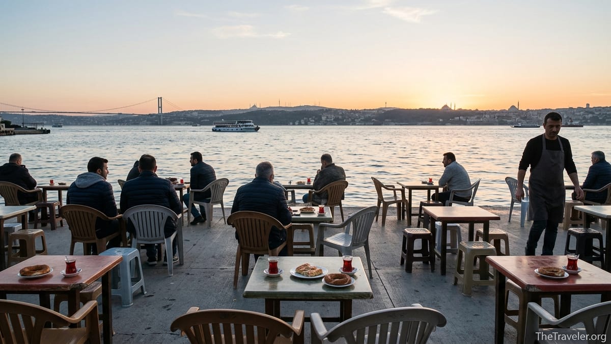 Waterfront tea garden in Üsküdar at sunset with people drinking Turkish tea by the Bosphorus.