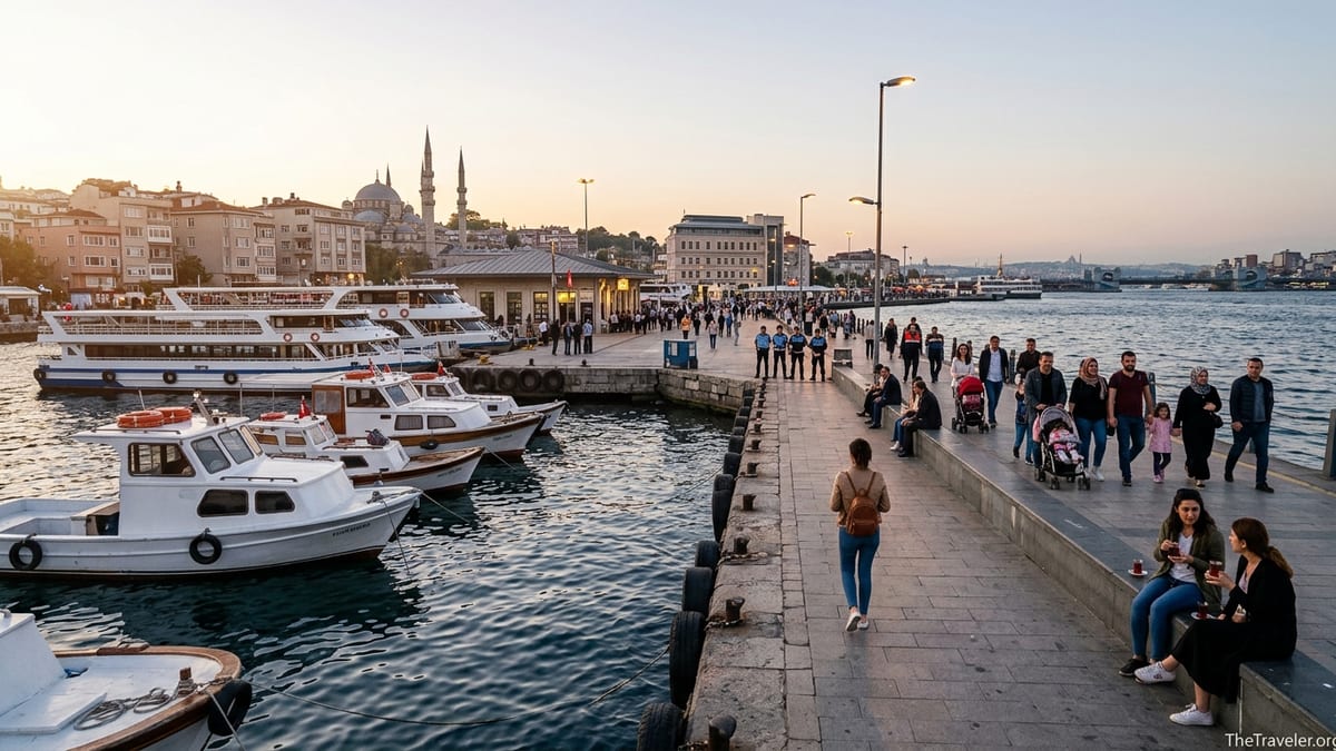 Early evening view of Üsküdar’s Bosphorus waterfront with ferries, promenade and locals walking.