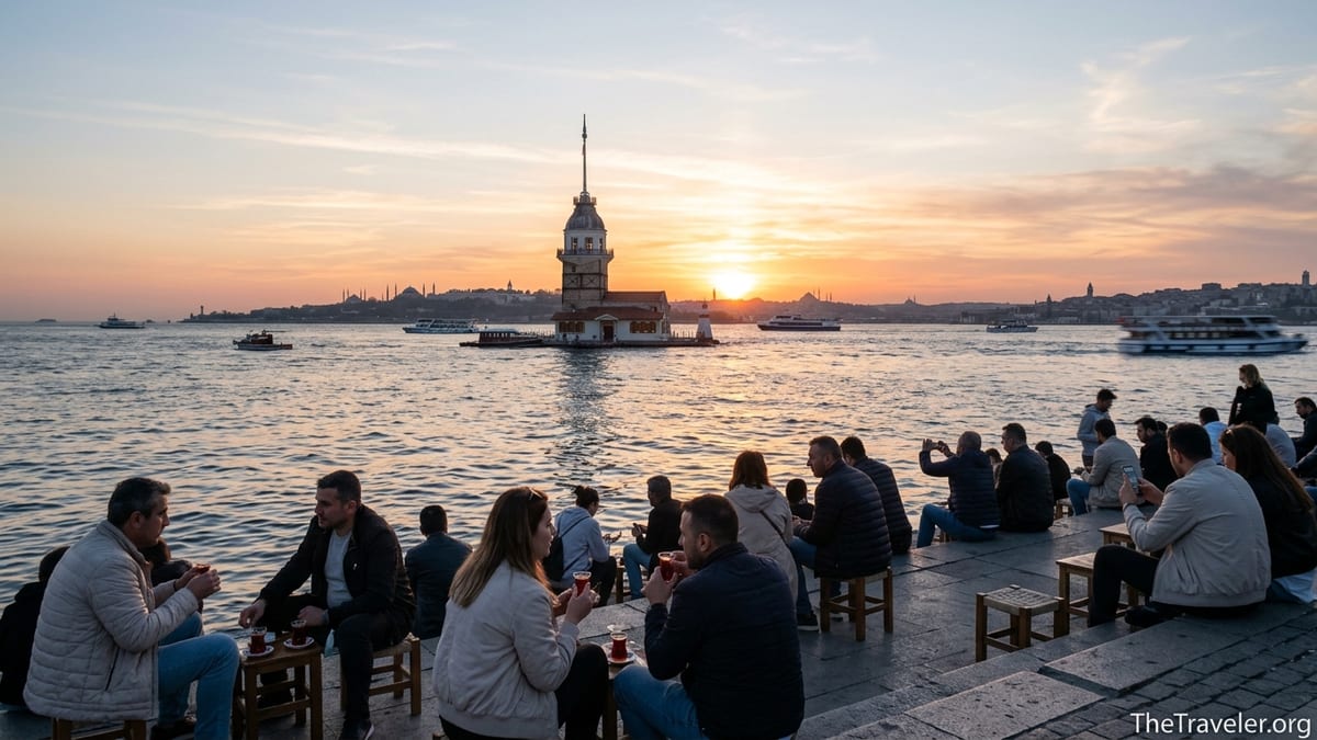 People sitting on Üsküdar’s Salacak waterfront steps at sunset facing Maiden’s Tower and the Bosphorus.