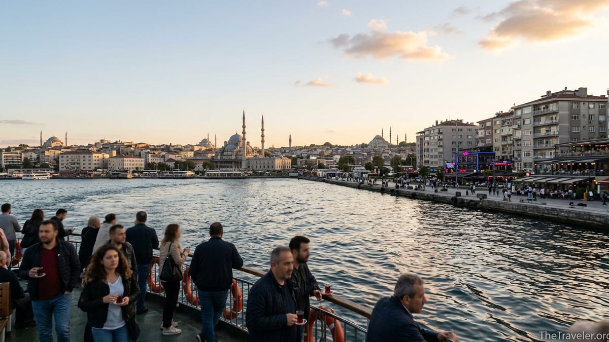 Bosphorus ferry view toward Üsküdar and Kadıköy waterfronts at sunset on Istanbul’s Asian side.