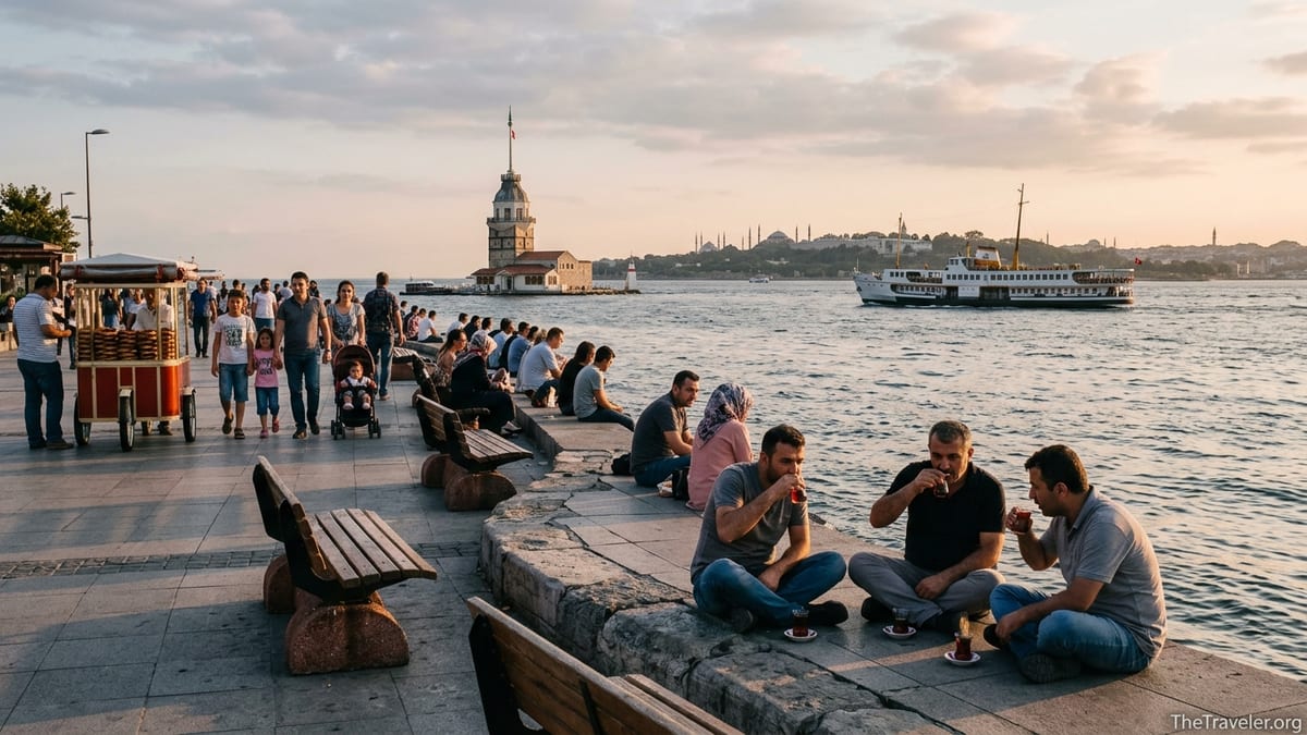 People drinking tea along the Üsküdar waterfront with Maiden’s Tower and Sultanahmet skyline at sunset.