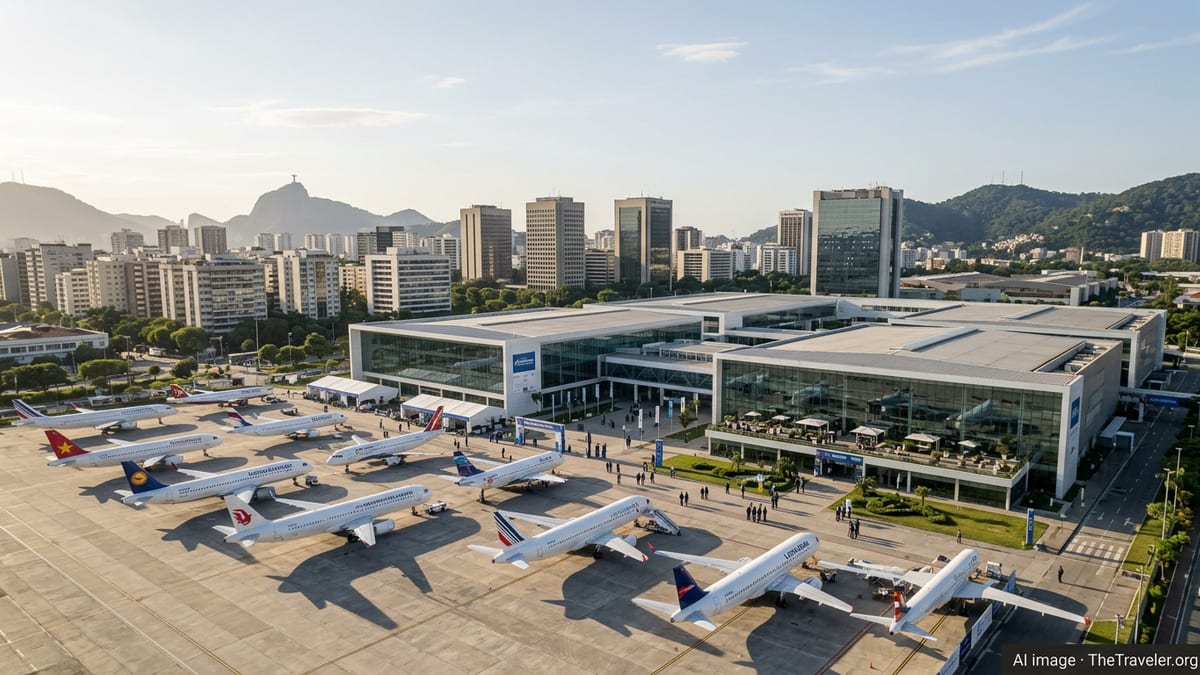 Aerial view of aviation conference venue in Rio de Janeiro with aircraft and delegates