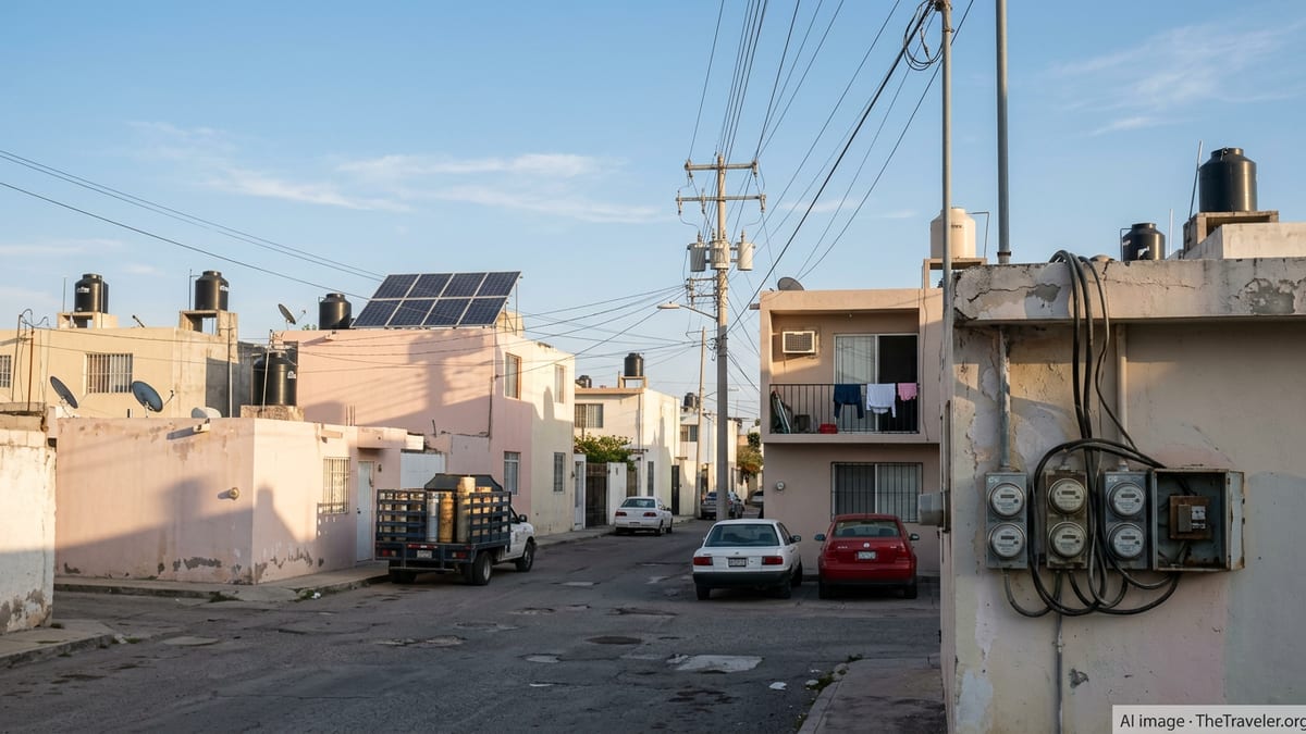 Mexican residential street with power lines, CFE meters, LP gas truck and rooftop tanks at sunset