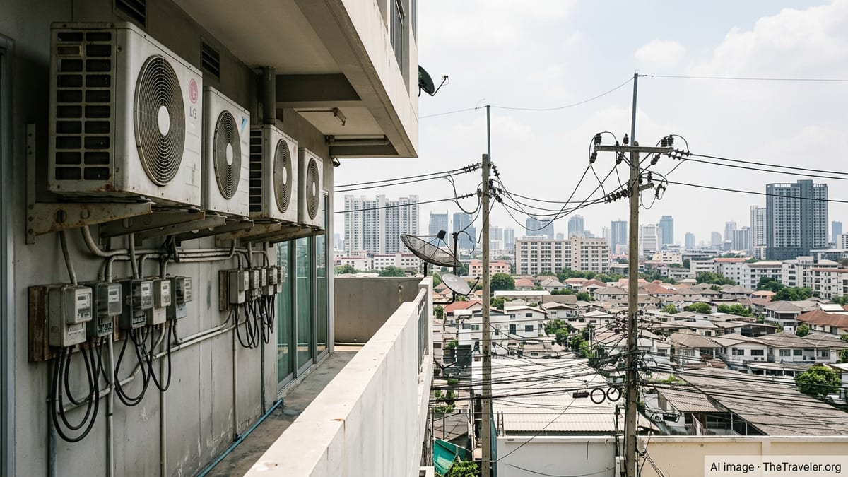 Balcony of a Thai condominium with air conditioning units and power lines overlooking Bangkok cityscape.