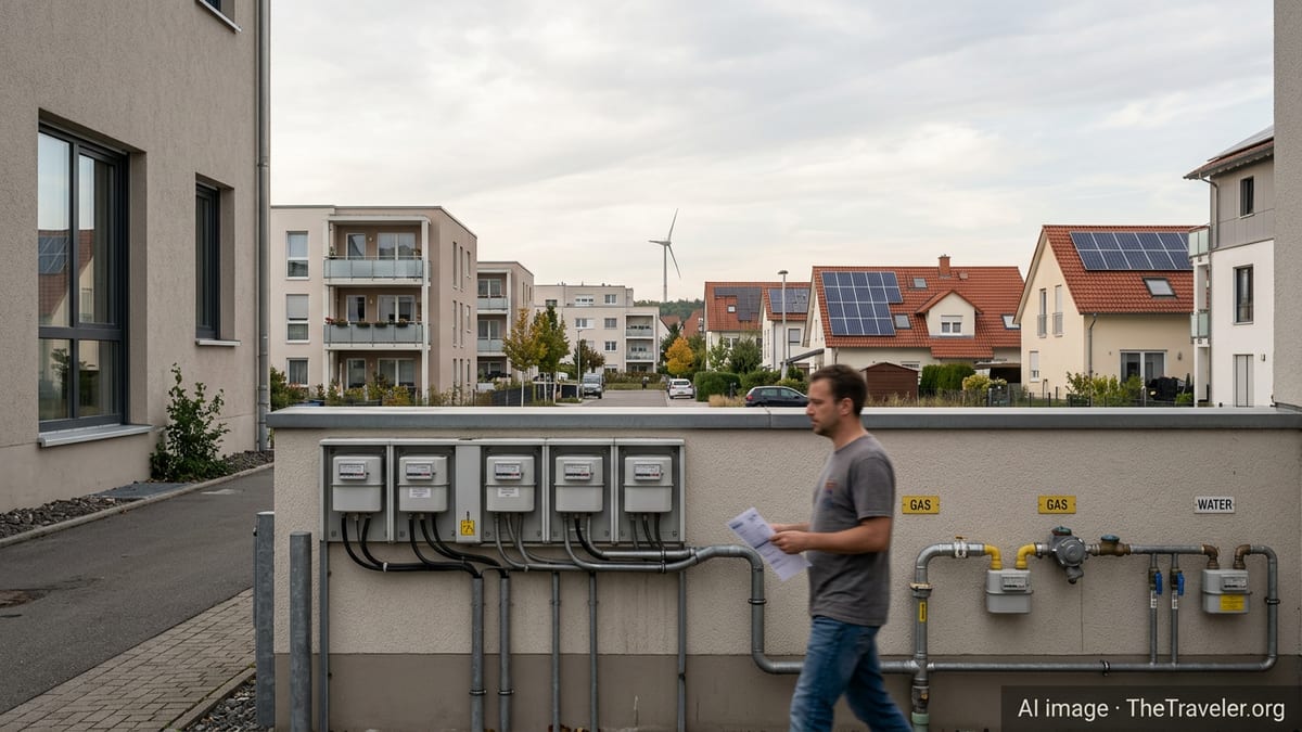 German residential buildings with visible utility meters and solar panels on rooftops.