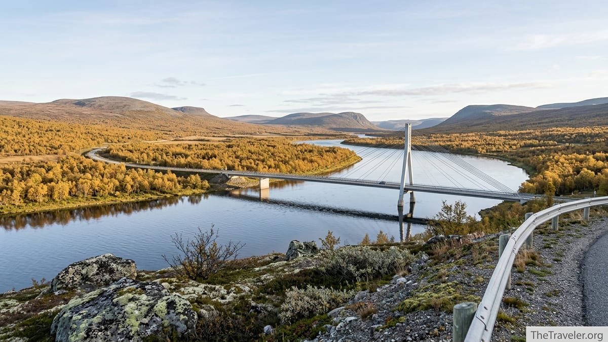 Autumn view of the Teno River valley and Sámi Bridge near Utsjoki in Finnish Lapland.