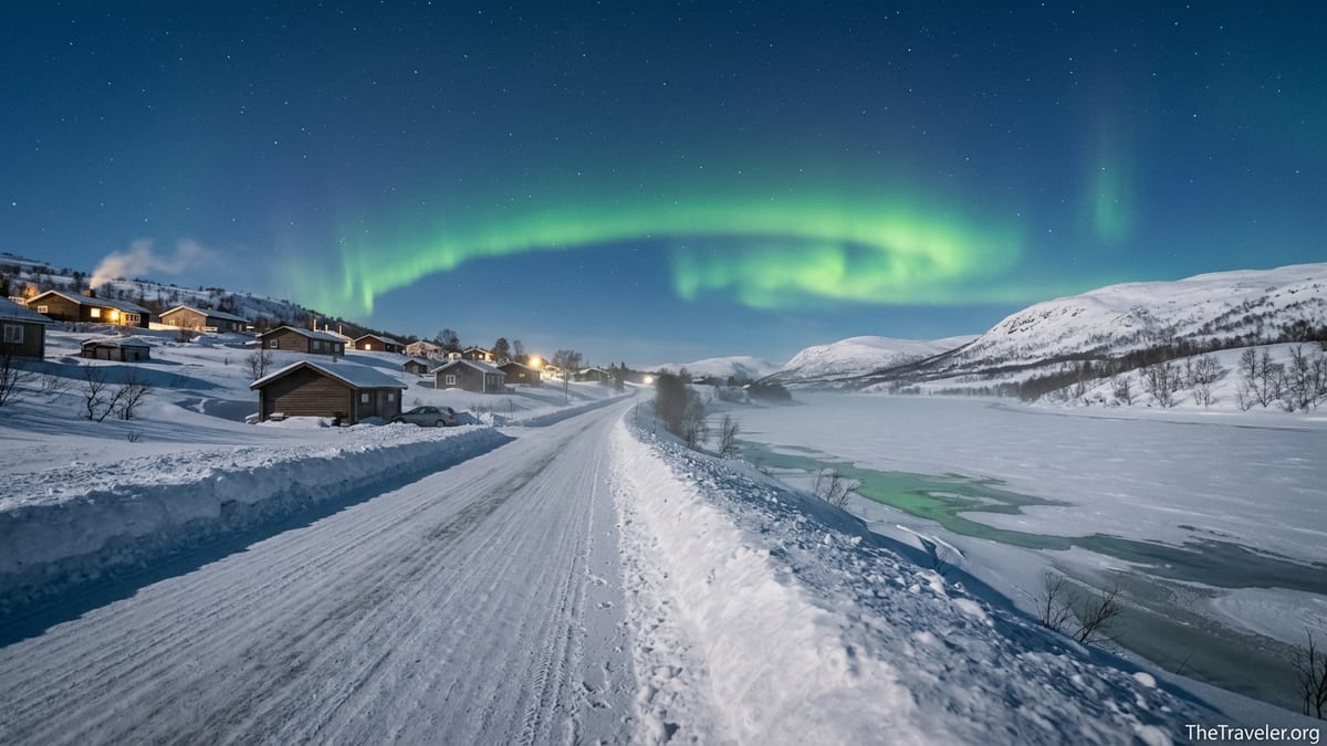 Snowy road and frozen river under aurora near Utsjoki village in Arctic Finland at blue hour.