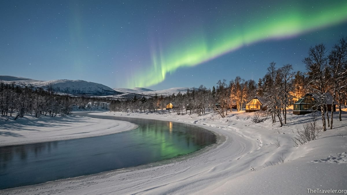 Aurora borealis over glowing glass-roof cabins beside the snowy Teno River in Utsjoki, Finnish Lapland at night.