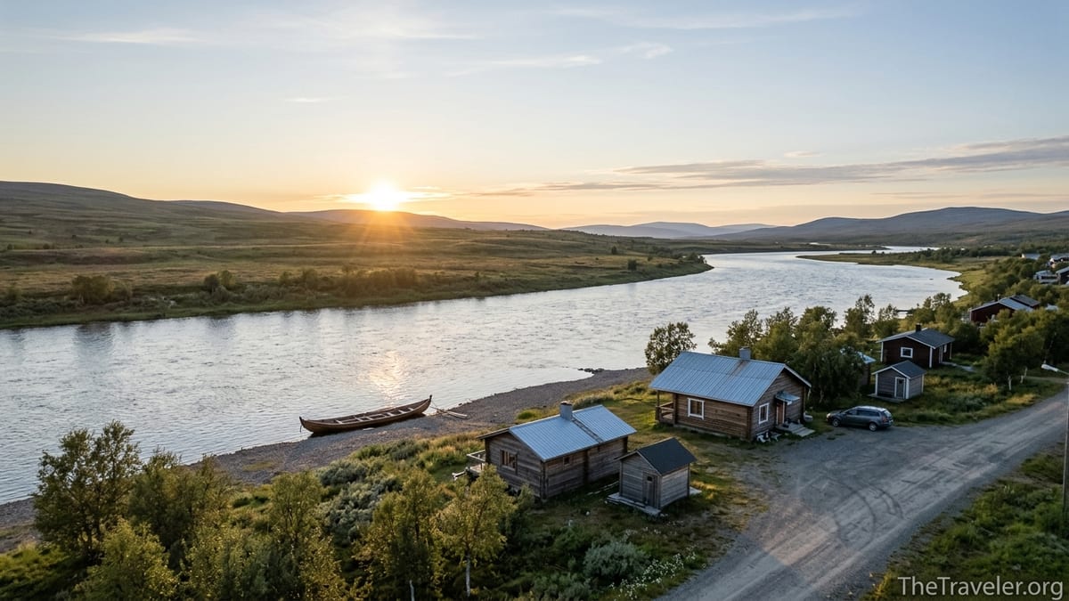 Midnight sun over Nuorgam village and the Teno River in Utsjoki, Finnish Lapland.