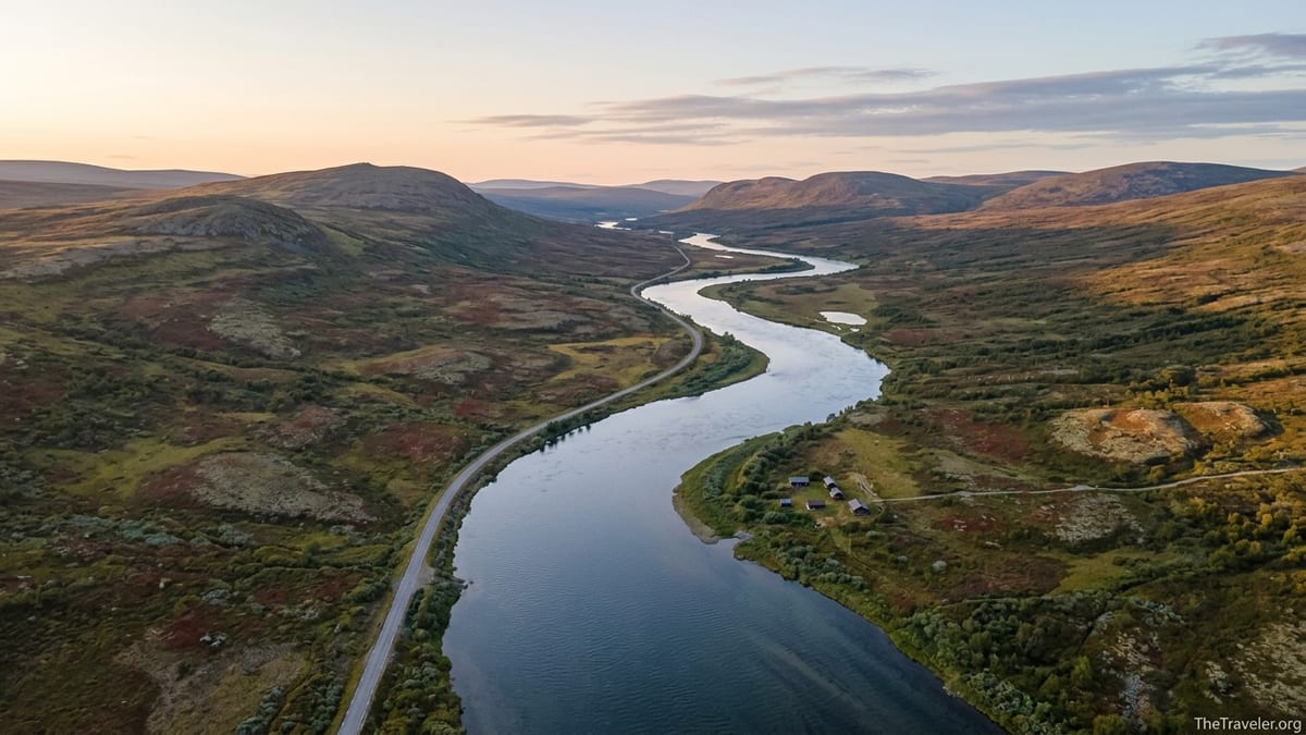 A remote river valley near Utsjoki with empty fells, a lone road and vast Arctic wilderness in soft midnight sun.
