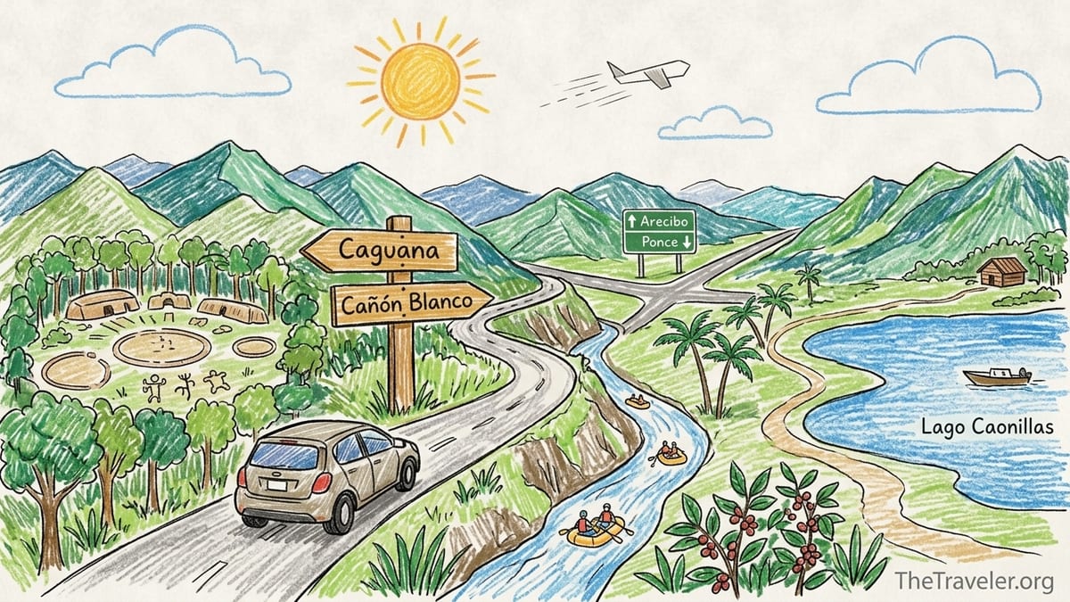 Car driving along a winding mountain road near Utuado Puerto Rico