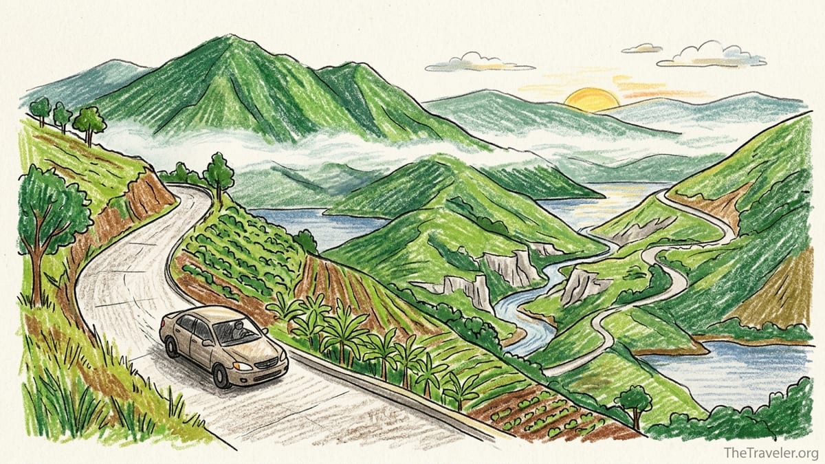 Mountain landscape near Utuado Puerto Rico with coffee farms, river canyon and morning mist