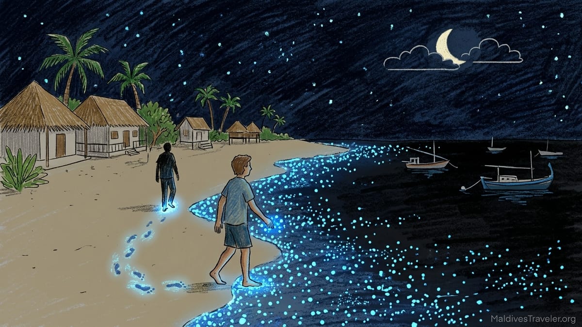 Bioluminescent plankton glowing blue along the shoreline of a dark beach on Vaadhoo Island in the Maldives.