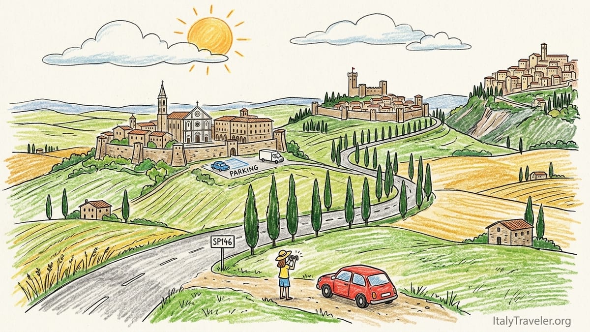Car parked on a gravel pull-off overlooking cypress-lined hills in Tuscany’s Val d’Orcia.