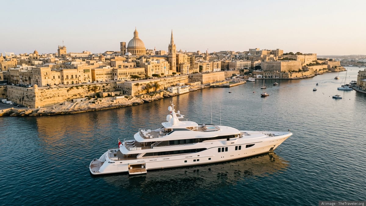 Amels 60-style superyacht anchored in Valletta’s Grand Harbour at sunset with Malta’s historic skyline behind.