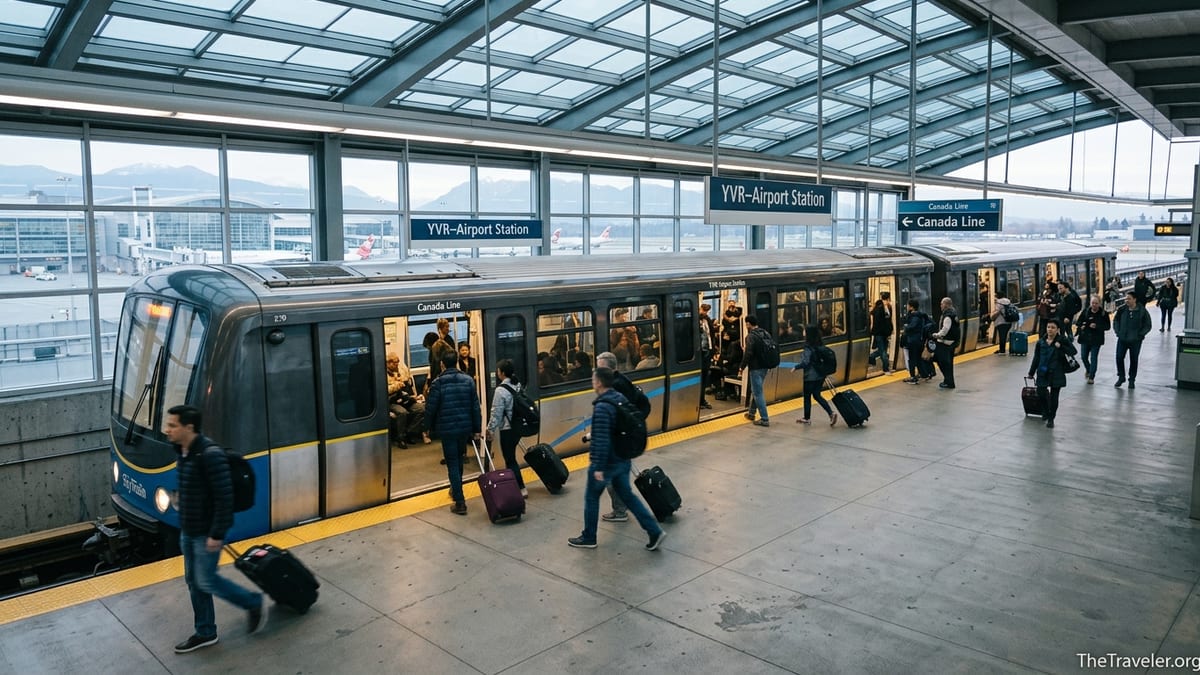 Travelers with luggage boarding the Canada Line train at Vancouver YVR–Airport Station platform.