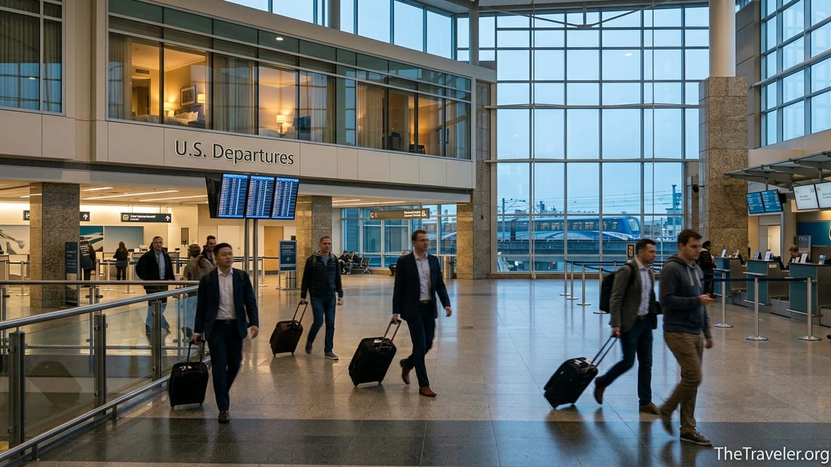 Interior of Vancouver International Airport with Fairmont hotel and travelers heading to early flights.