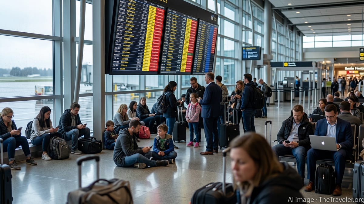 Travellers waiting under departure boards showing delays and cancellations at Vancouver International Airport.