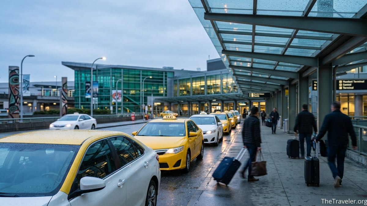 Taxi line at Vancouver International Airport arrivals with travelers and luggage on a wet evening.