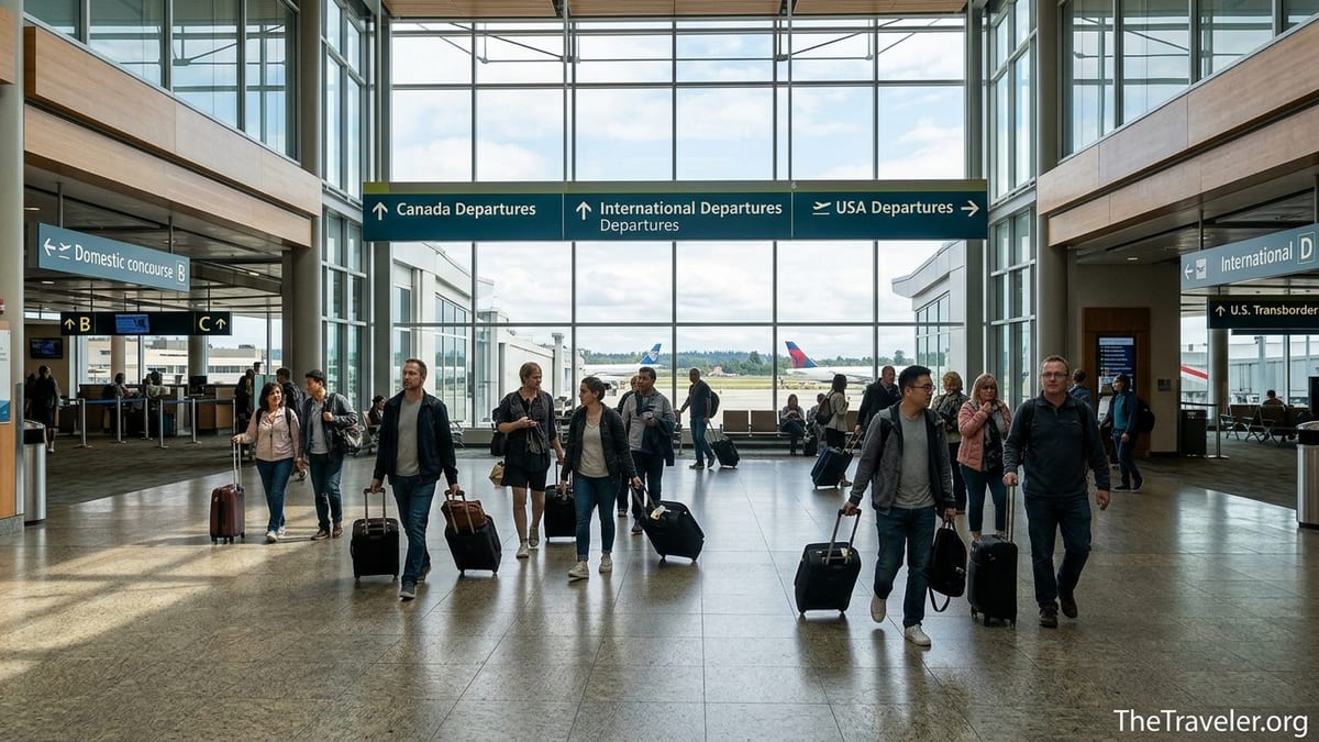 Central concourse at Vancouver International Airport linking domestic and international terminals with passengers walking.