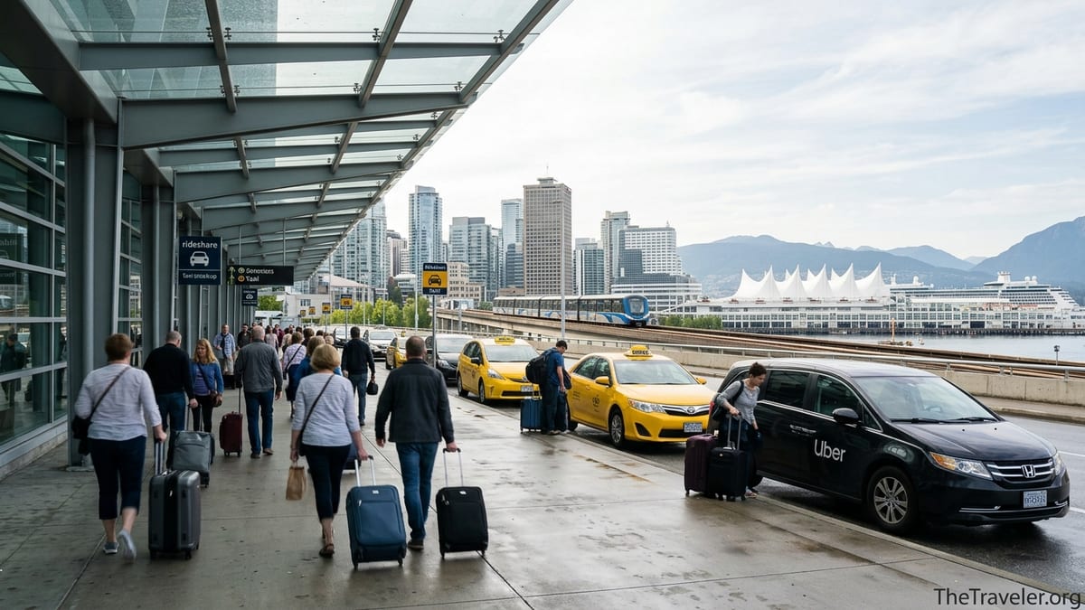 Passengers with luggage leaving Vancouver airport for taxis and train toward Canada Place cruise terminal.