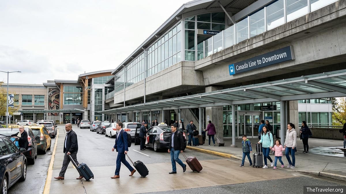Travellers outside Vancouver International Airport walking toward the Canada Line station with taxis waiting at the curb.