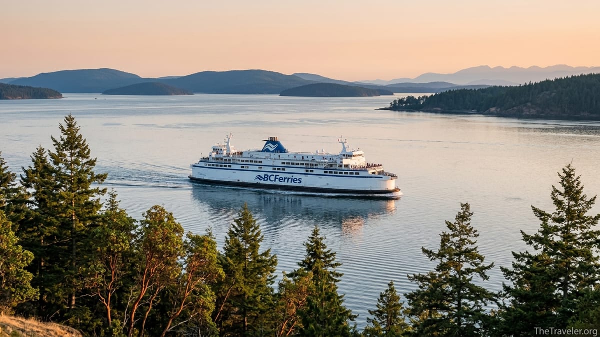 BC Ferries ship sailing through forested Gulf Islands near Victoria at sunset.
