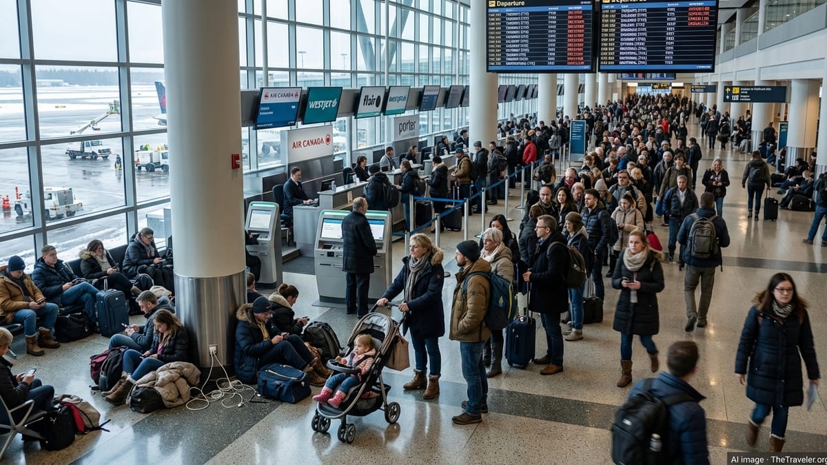 Crowded departure hall at Vancouver International Airport with passengers waiting amid flight delays.