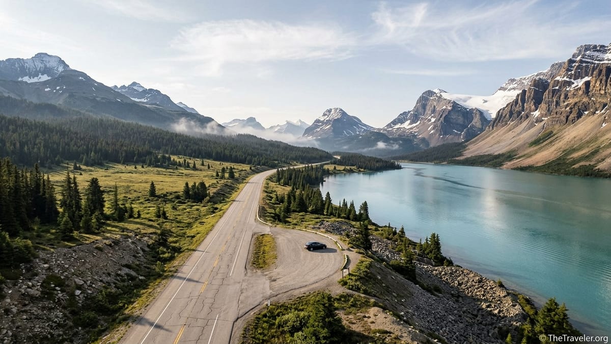 Car on the Icefields Parkway with turquoise lake and Rocky Mountain peaks in summer.